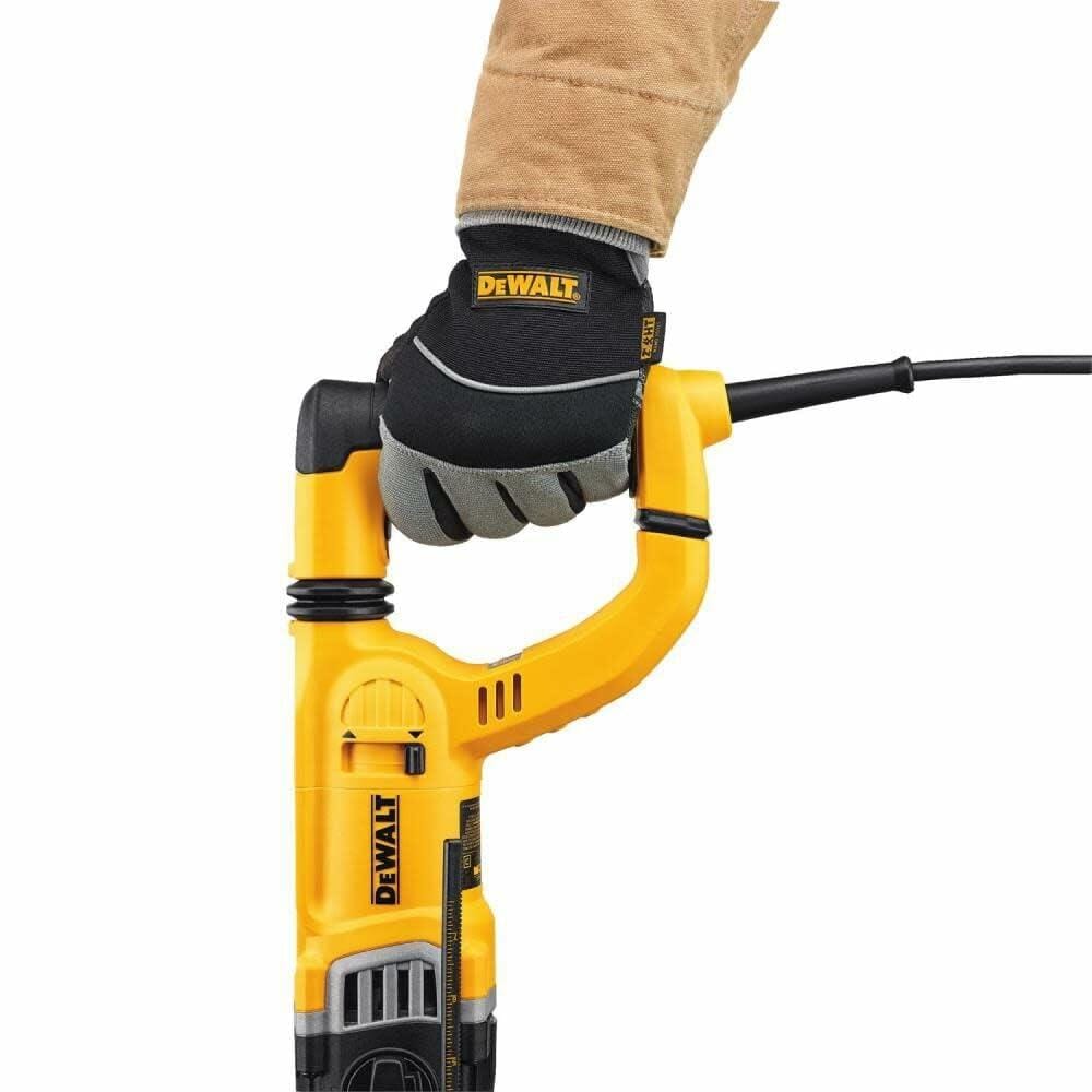 DEWALT SDS+ 1-1/8" Rotary Hammer Drill held with glove showing side handle and corded power design