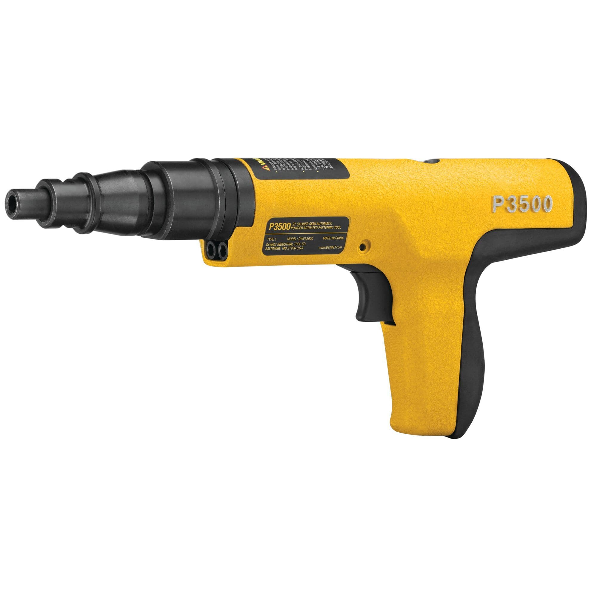 A perspective studio shot of the DEWALT P3500 powder actuated fastening tool, highlighting the high-visibility yellow metal housing, ergonomic trigger, and durable black rubberized grip for professional masonry and steel applications.