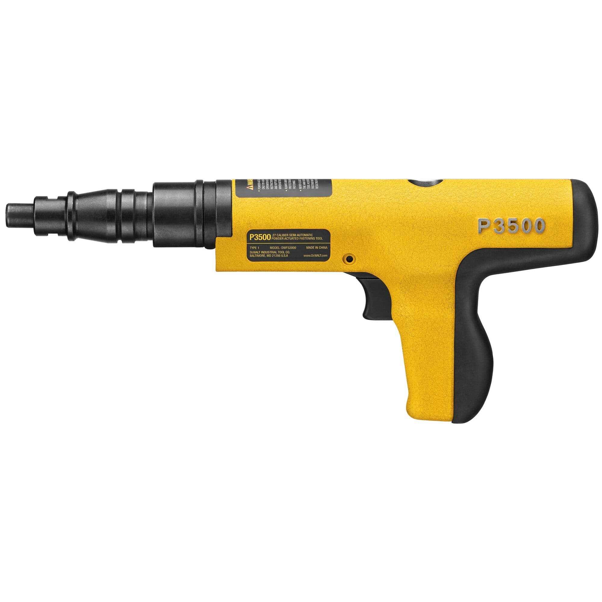 Left-side profile of the DEWALT DDF212035P semi-automatic tool, showcasing the rugged black nosepiece and the sleek industrial design optimized for rapid fastening into concrete and structural steel.