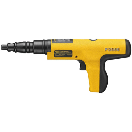 Left-side profile of the DEWALT DDF212035P semi-automatic tool, showcasing the rugged black nosepiece and the sleek industrial design optimized for rapid fastening into concrete and structural steel.