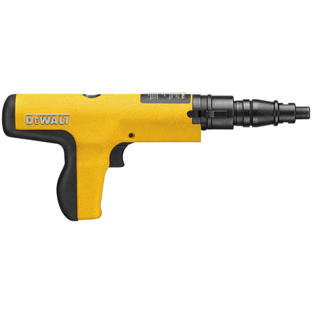 Right-side view of the DEWALT powder actuated trigger tool featuring the embossed DEWALT logo and specialized ventilation ports designed to manage heat during high-volume 10-shot strip load firing.