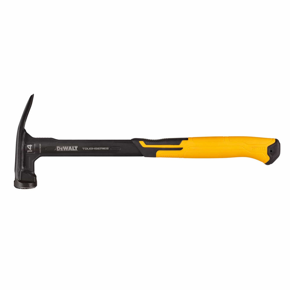 Side profile view of the DEWALT TOUGHSERIES 14 oz mig weld hammer featuring a black high-endurance steel handle and a yellow tear-resistant anti-slip grip.