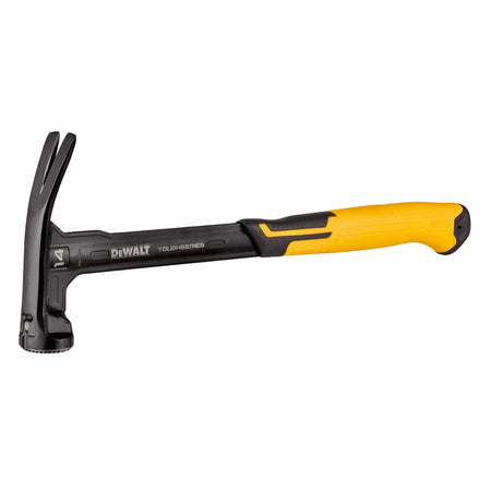Angled view of the DEWALT 14 oz framing hammer highlighting the milled face striking surface and the rip claw design for professional demolition and prying.