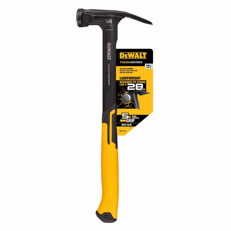 DEWALT mig weld hammer in retail packaging emphasizing the lightweight design that strikes like a 28 oz hammer and the 5x more durable anti-slip grip.
