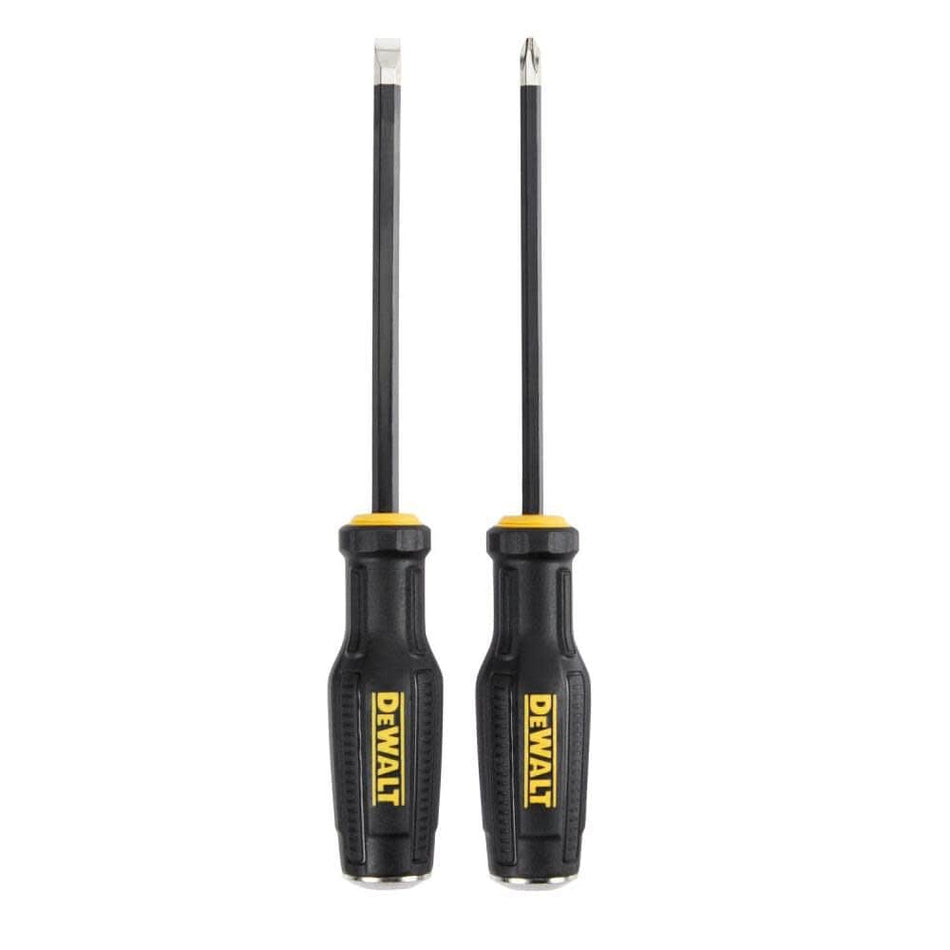 A two-piece DEWALT TOUGHSERIES demo screwdriver set featuring one Phillips and one slotted driver with black chrome S2 steel bars, magnetic tips, and ergonomic bi-material handles with integrated metal strike caps.