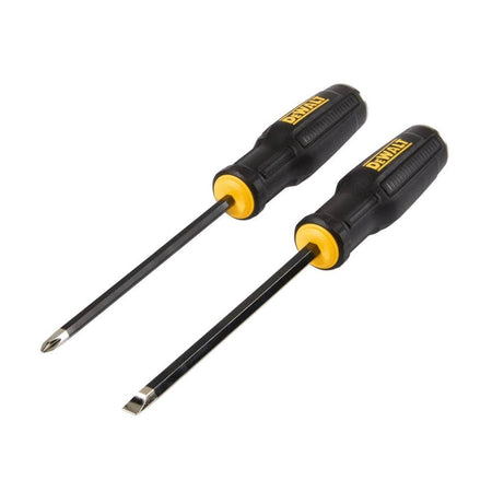 Angled view of the DEWALT 2-piece demolition screwdriver set showcasing the precision-machined MAX FIT tips and the durable through-tang construction designed for heavy-duty jobsite use.