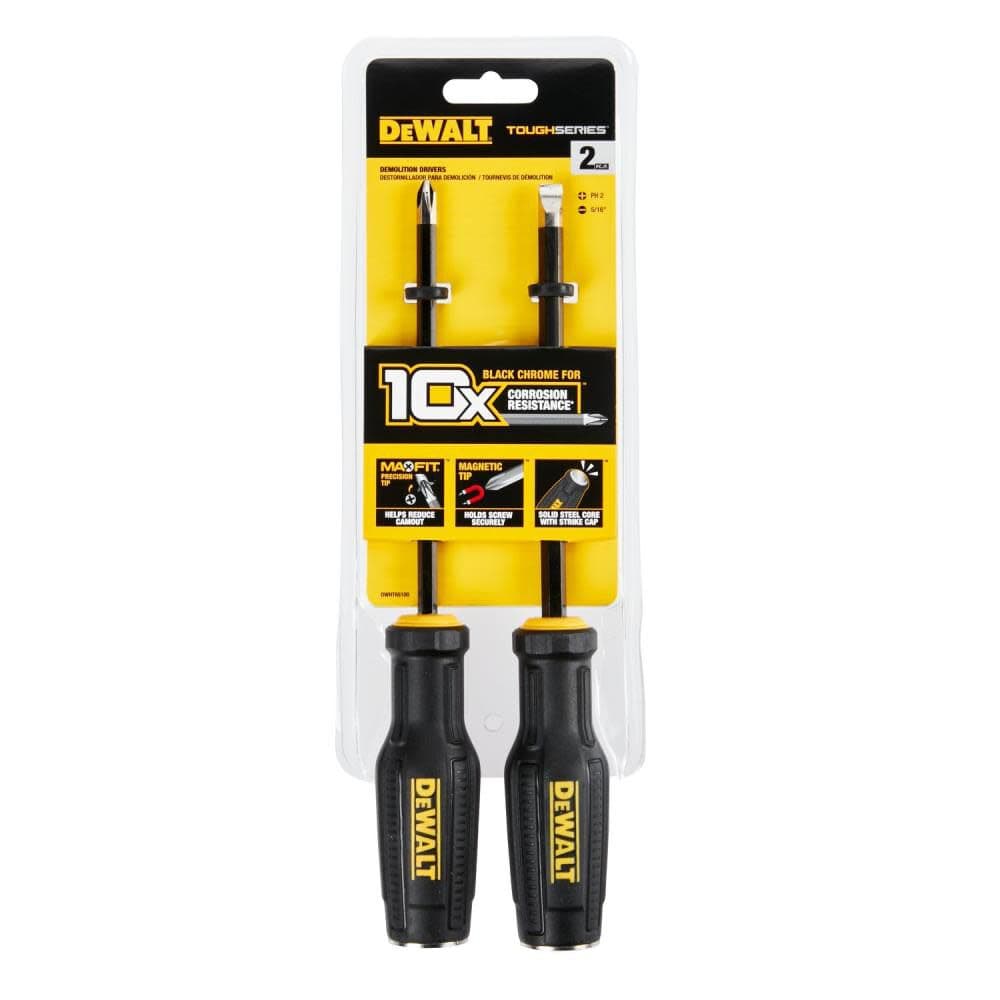 Retail blister pack packaging for the DEWALT TOUGHSERIES 2-piece demolition drivers highlighting 10X better corrosion resistance, MAX FIT precision tips, and the solid steel core with strike cap.
