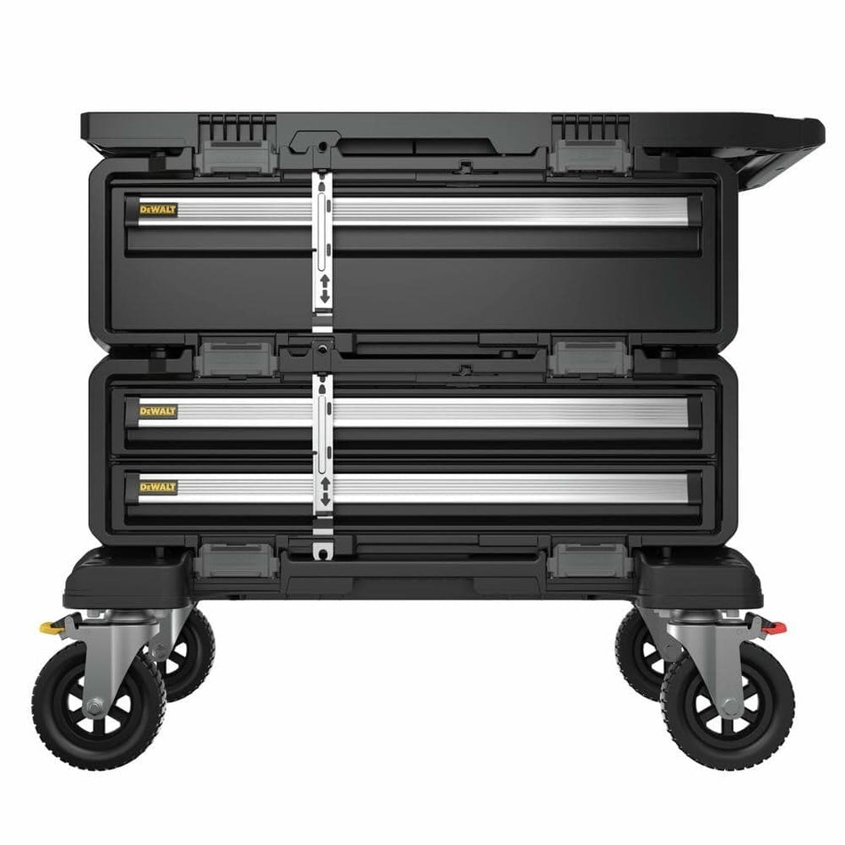 DEWALT-branded mobile tool chest with two stacked drawer sections. Each section includes two drawers with metal handles and locking mechanisms. Mounted on large caster wheels for mobility and topped with a flat surface for workspace