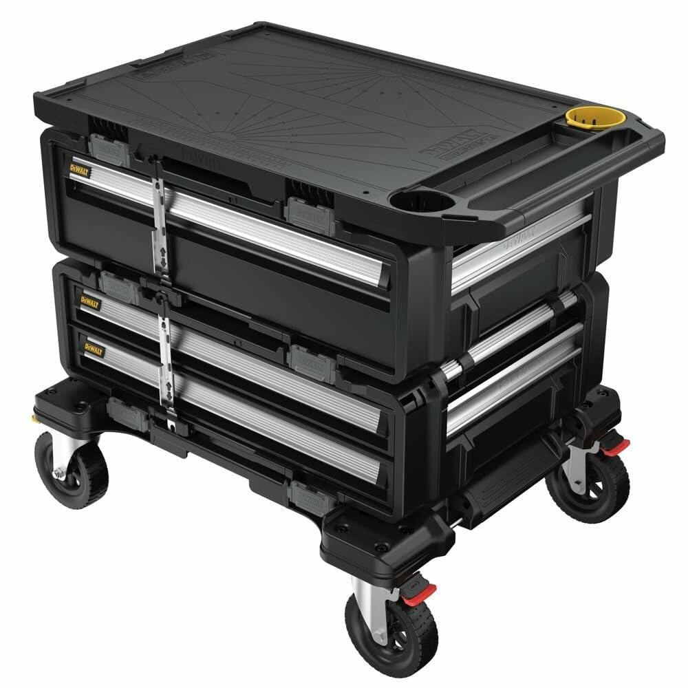 Mobile tool storage cart with black body and silver drawer handles. Features red locking caster wheels and a yellow circular compartment on the textured top surface. Designed for organized tool access and transport.