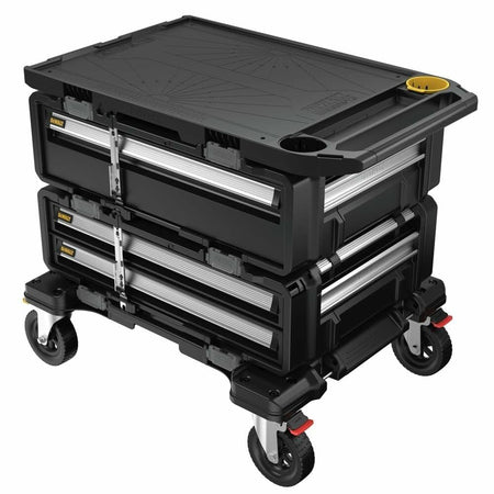 Mobile tool storage cart with black body and silver drawer handles. Features red locking caster wheels and a yellow circular compartment on the textured top surface. Designed for organized tool access and transport.