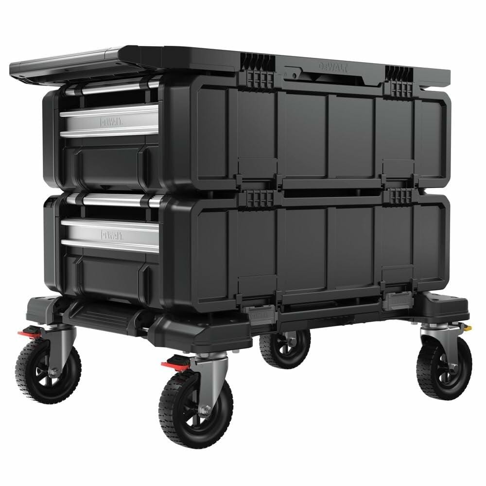 Heavy-duty DEWALT rolling storage cart with two stacked black compartments. Features four caster wheels, two with red locks and one with a yellow valve. Reinforced edges and top handle provide durability and mobility for job site use.