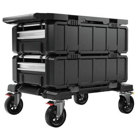 Heavy-duty DEWALT rolling storage cart with two stacked black compartments. Features four caster wheels, two with red locks and one with a yellow valve. Reinforced edges and top handle provide durability and mobility for job site use.