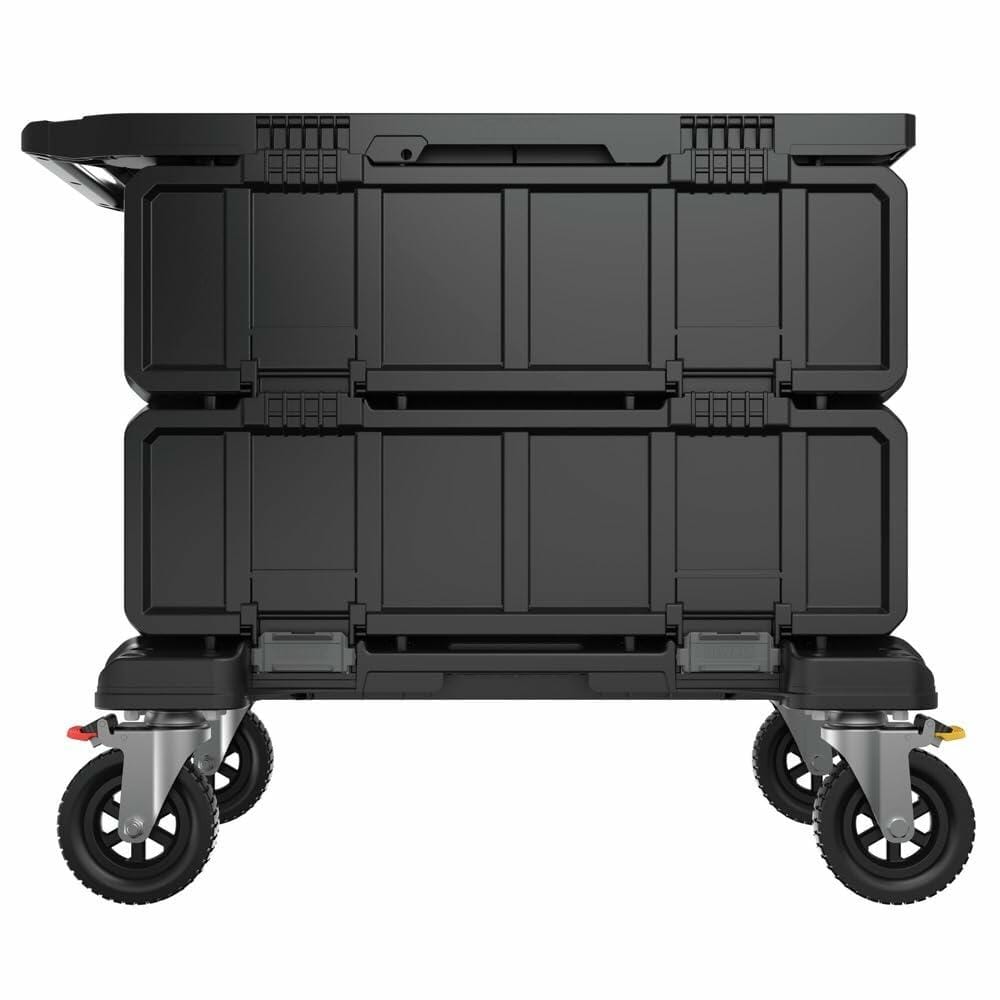 Black DEWALT mobile tool cart with multiple drawers and compartments. Includes four swivel caster wheels, metallic handles, and modular stacking design. Ideal for customizable tool organization in workshop or job site settings.