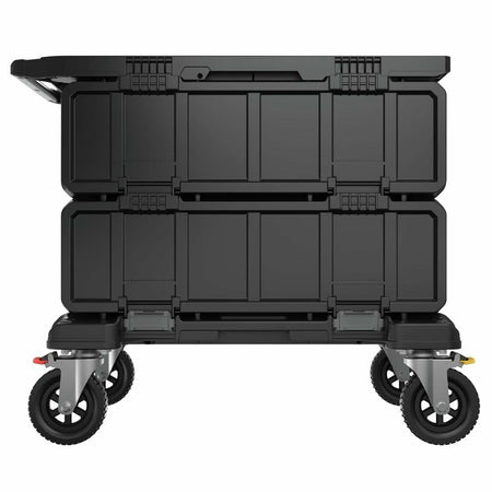 Black DEWALT mobile tool cart with multiple drawers and compartments. Includes four swivel caster wheels, metallic handles, and modular stacking design. Ideal for customizable tool organization in workshop or job site settings.
