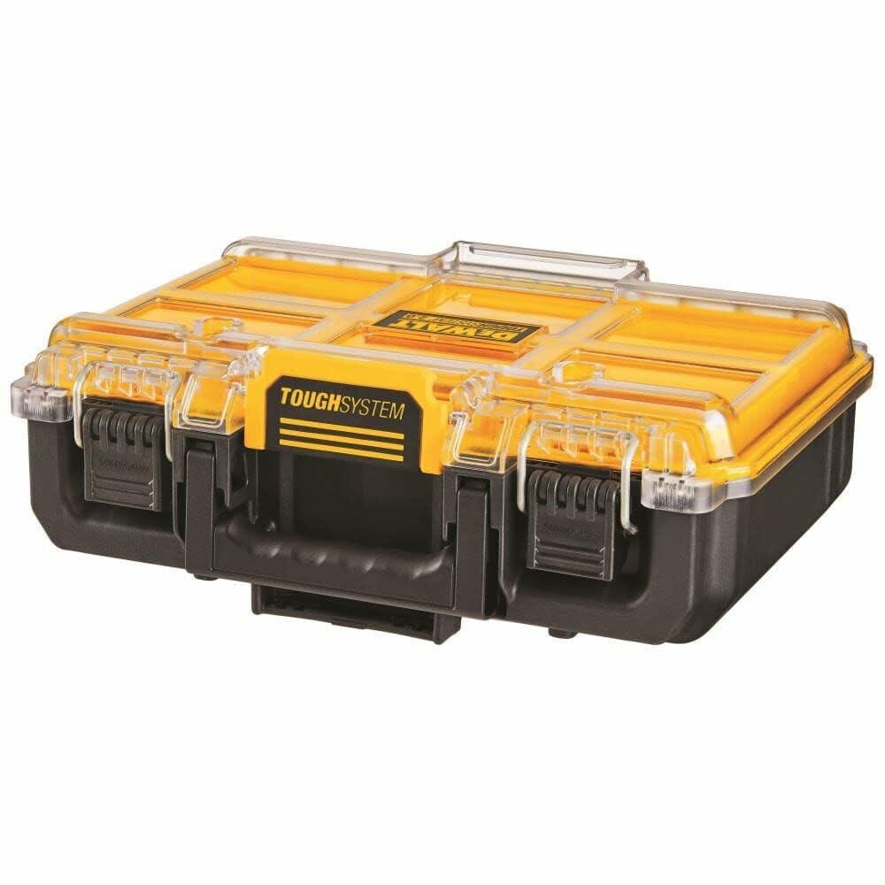 DEWALT ToughSystem storage case with yellow lid and transparent top section. Features black base, central carrying handle, and dual front latches. Built for organizing tools and accessories in demanding work environments.
