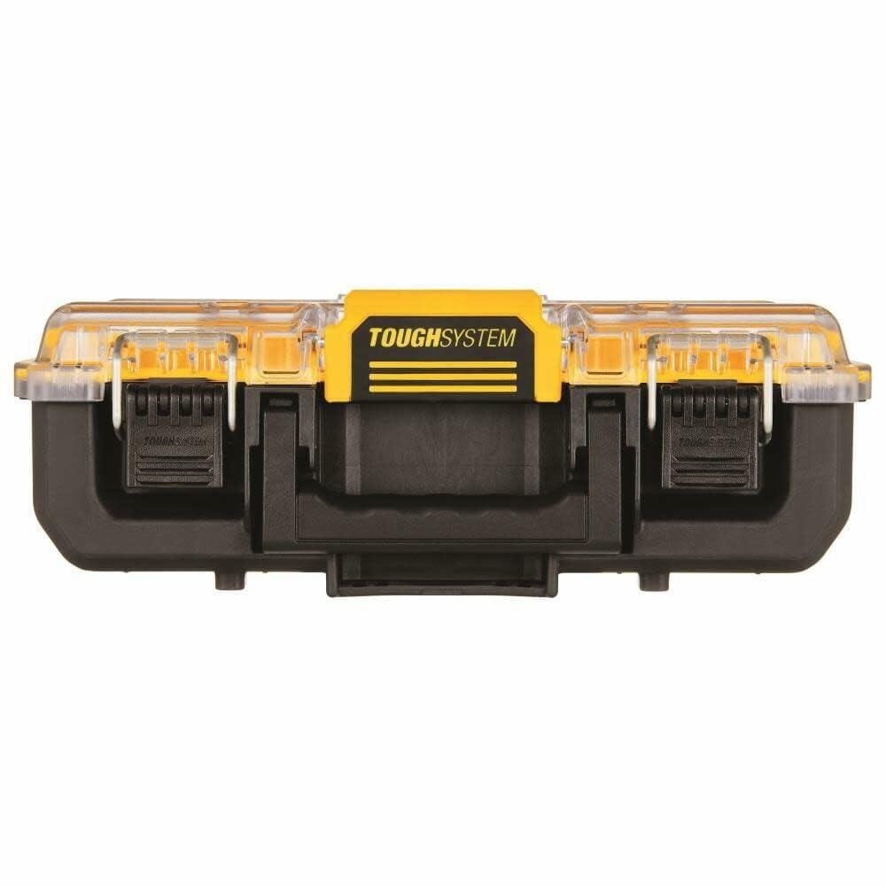 DEWALT ToughSystem organizer with transparent lid, black base, and yellow interior. Features two black latches and central handle. Rugged design labeled “TOUGHSYSTEM,” built for stacking and protecting small tools or hardware.