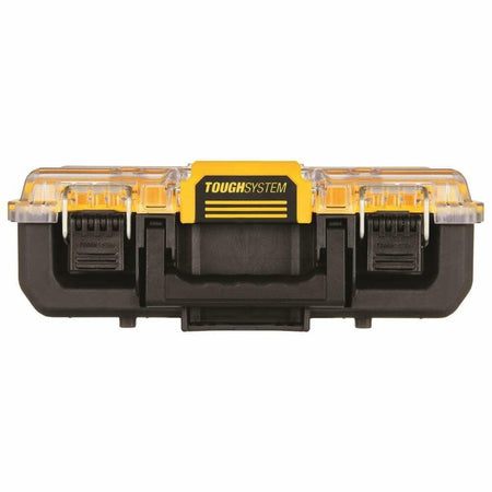 DEWALT ToughSystem organizer with transparent lid, black base, and yellow interior. Features two black latches and central handle. Rugged design labeled “TOUGHSYSTEM,” built for stacking and protecting small tools or hardware.