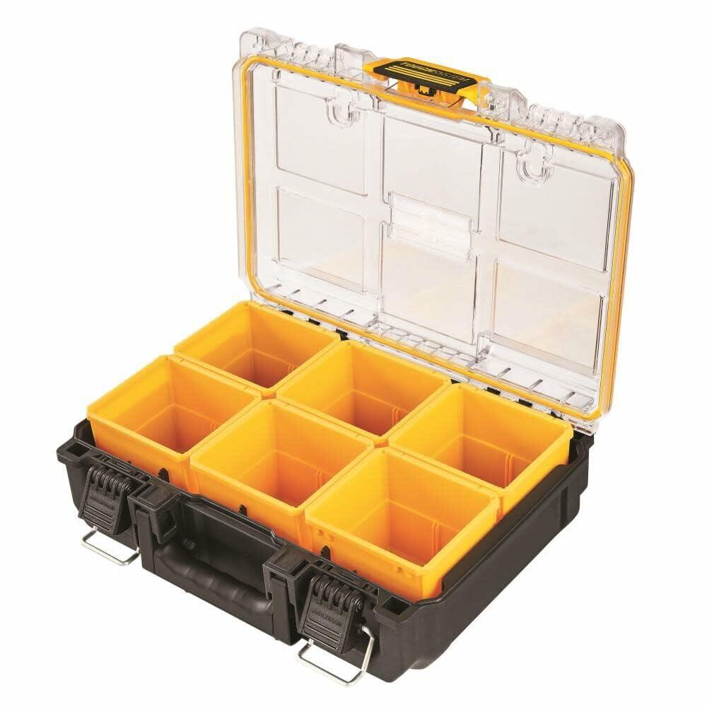 Plastic organizer box with transparent lid and black base. Contains six removable yellow compartments in two rows. Includes molded lid sections, black metal-latch closures, and central handle for portable small parts storage.