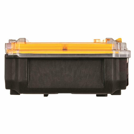 Black and transparent DEWALT organizer with an orange lid and secure latches. Designed for storing small parts or tools, the rugged container features reinforced corners and a translucent top for easy content visibility. Ideal for stacking and heavy-duty use.