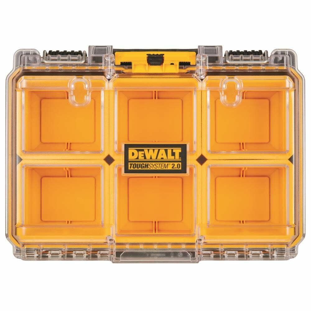DEWALT ToughSystem 2.0 small parts organizer with transparent lid and six yellow compartments. Features four latches for secure closure and central DEWALT logo. Designed for portable, stackable storage of screws, fasteners, and small tools.