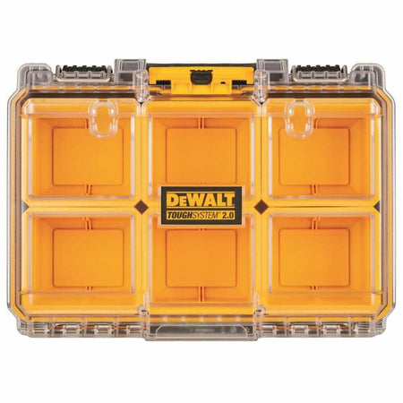 DEWALT ToughSystem 2.0 small parts organizer with transparent lid and six yellow compartments. Features four latches for secure closure and central DEWALT logo. Designed for portable, stackable storage of screws, fasteners, and small tools.