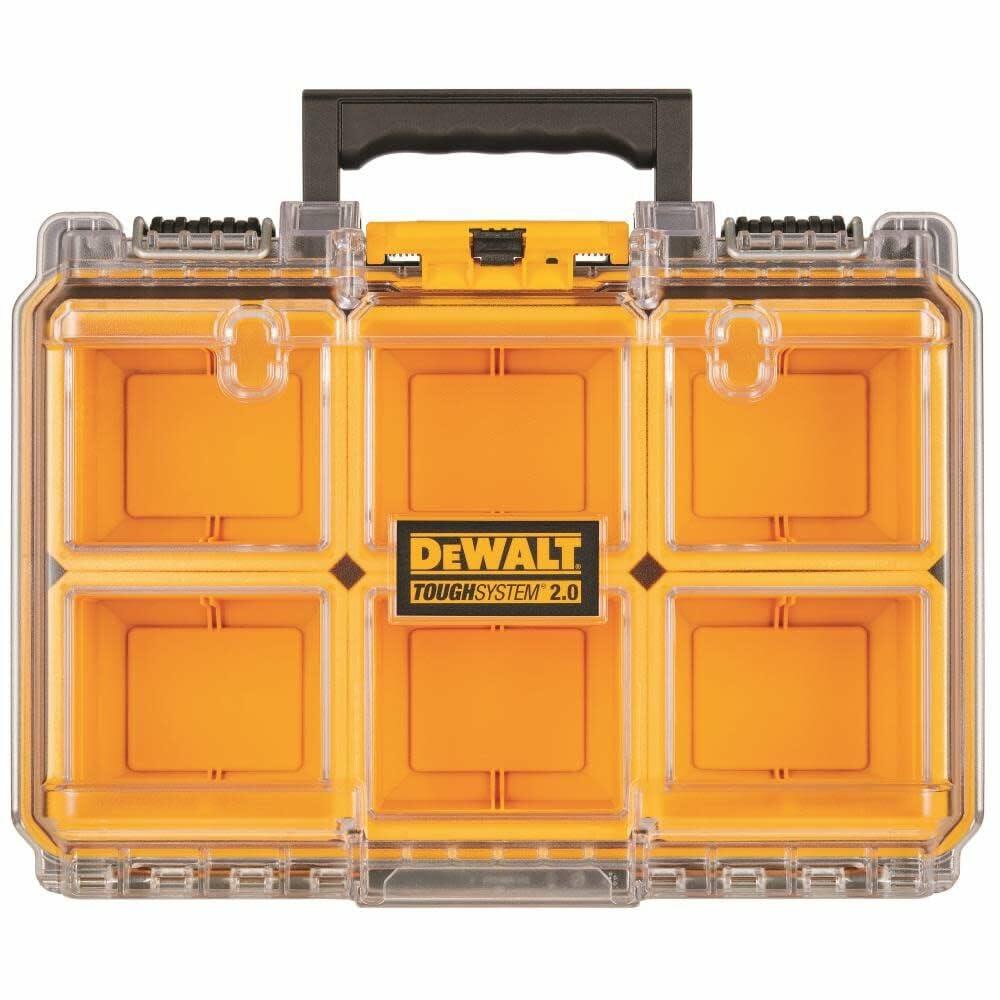 DEWALT ToughSystem 2.0 organizer with six visible compartments beneath a clear lid. Yellow and transparent design includes black handle and side latches. Labeled “TOUGHSYSTEM 2.0,” suitable for storing small parts and hardware.