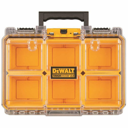 DEWALT ToughSystem 2.0 organizer with six visible compartments beneath a clear lid. Yellow and transparent design includes black handle and side latches. Labeled “TOUGHSYSTEM 2.0,” suitable for storing small parts and hardware.