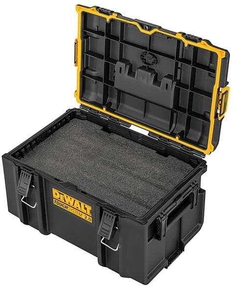 The DEWALT TOUGHSYSTEM 2.0 customizable deep foam insert shown sitting inside an open black and yellow toolbox.