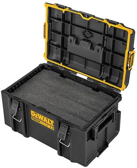 The DEWALT TOUGHSYSTEM 2.0 customizable deep foam insert shown sitting inside an open black and yellow toolbox.