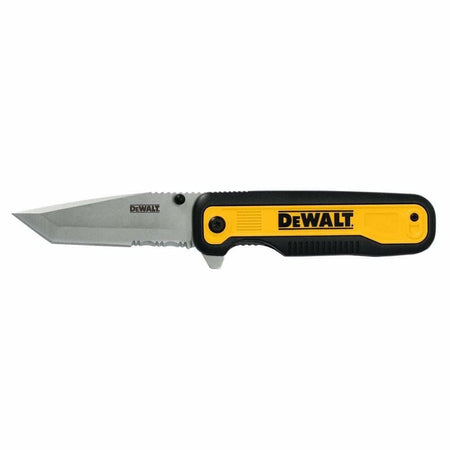 DEWALT Tanto pocket knife, closed with a small portion of the partially serrated stainless steel blade visible near the pivot and the black and yellow handle clearly shown.