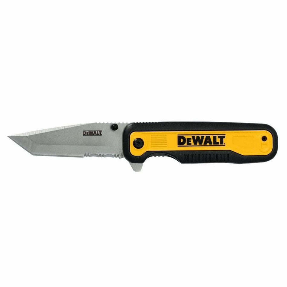 DEWALT Tanto pocket knife, closed with a small portion of the partially serrated stainless steel blade visible near the pivot and the black and yellow handle clearly shown.