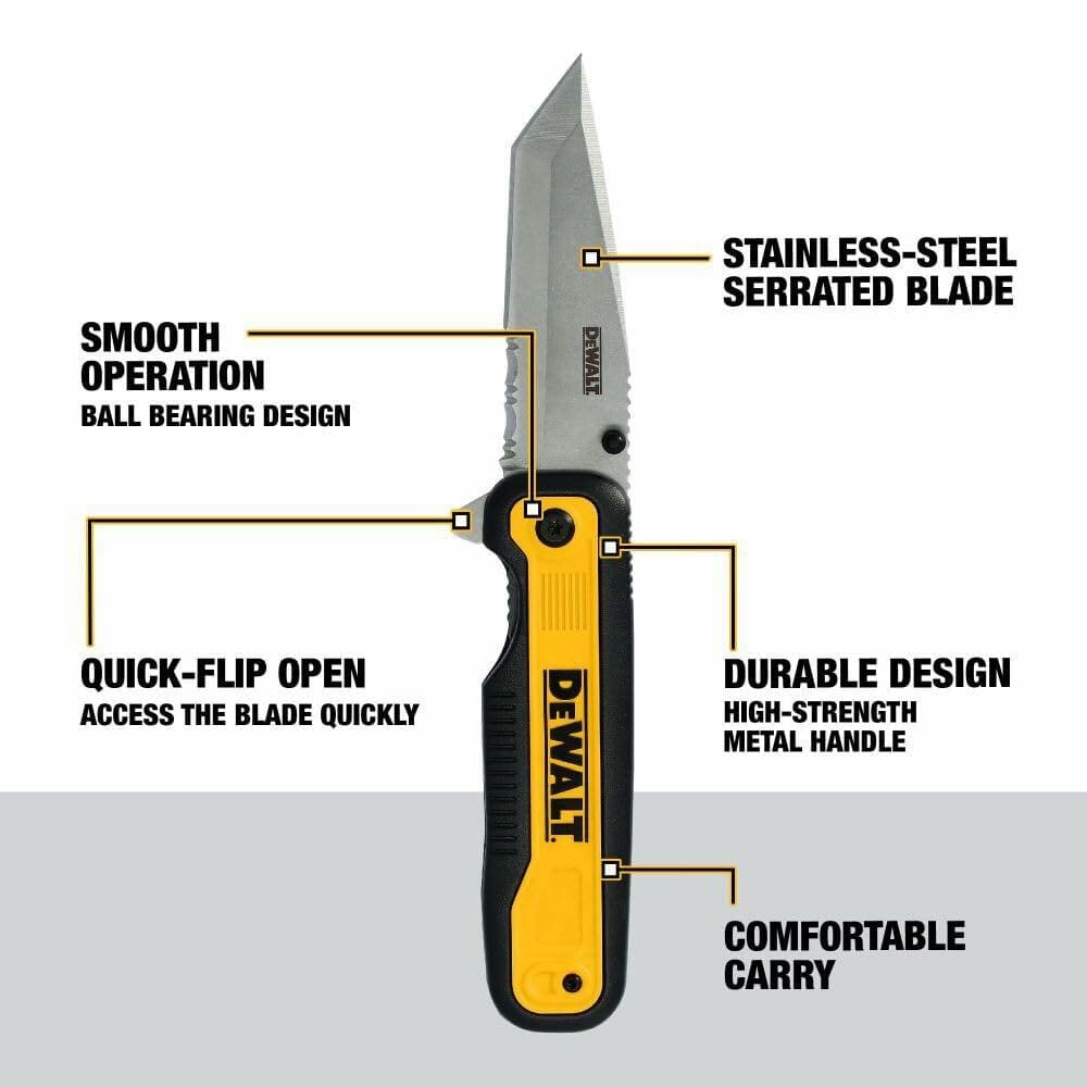 Annotated image of the DEWALT Tanto pocket knife, partially open, highlighting the stainless-steel serrated blade, quick-flip open feature, smooth operation ball bearing design, durable high-strength metal handle, and comfortable carry.