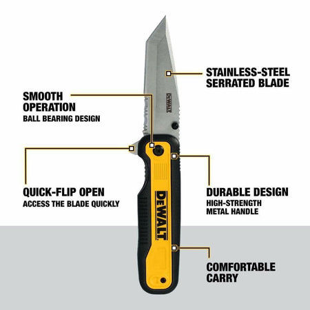 Annotated image of the DEWALT Tanto pocket knife, partially open, highlighting the stainless-steel serrated blade, quick-flip open feature, smooth operation ball bearing design, durable high-strength metal handle, and comfortable carry.
