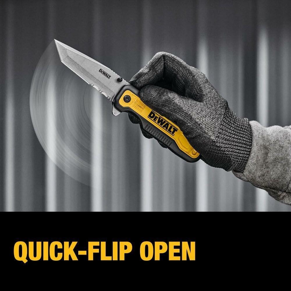 A gloved hand demonstrating the quick-flip open feature of the DEWALT Tanto pocket knife, with a blur effect showing the blade quickly deploying from the handle.