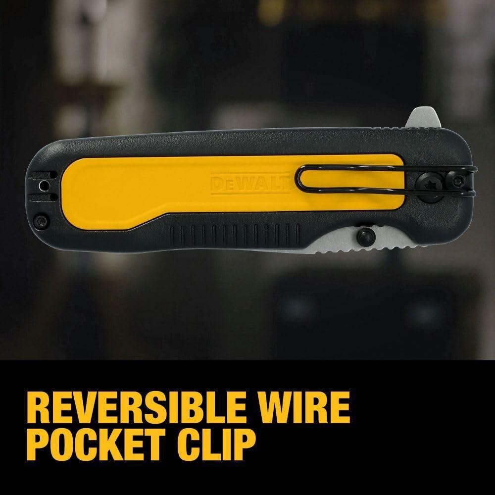 Back view of the closed DEWALT Tanto pocket knife handle, highlighting the reversible wire pocket clip.