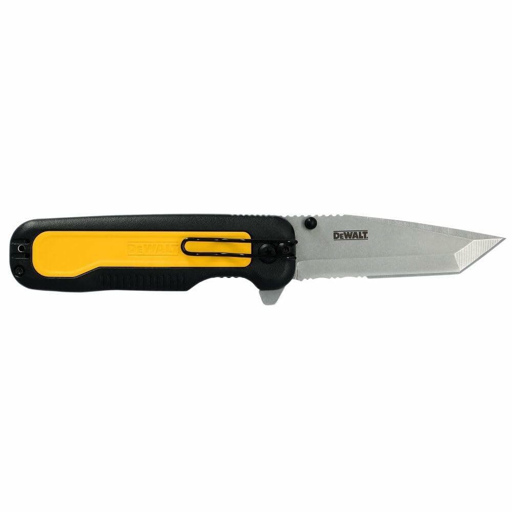 DEWALT Tanto pocket knife, open with its partially serrated stainless steel blade and black and yellow handle visible.