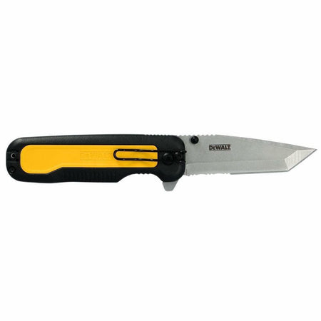 DEWALT Tanto pocket knife, open with its partially serrated stainless steel blade and black and yellow handle visible.