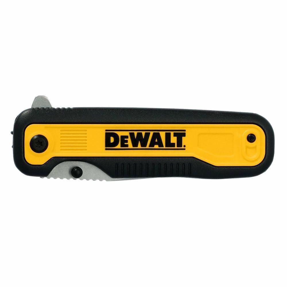 Closed view of the DEWALT Tanto pocket knife showing the black and yellow handle and a small exposed section of the partially serrated blade.