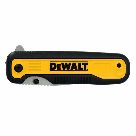 Closed view of the DEWALT Tanto pocket knife showing the black and yellow handle and a small exposed section of the partially serrated blade.