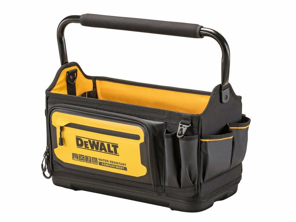 Angled view of a DEWALT tool tote showcasing its water-resistant front compartment and multiple storage pockets. The black and yellow design includes a padded handle and side compartments for organizing tools and accessories.