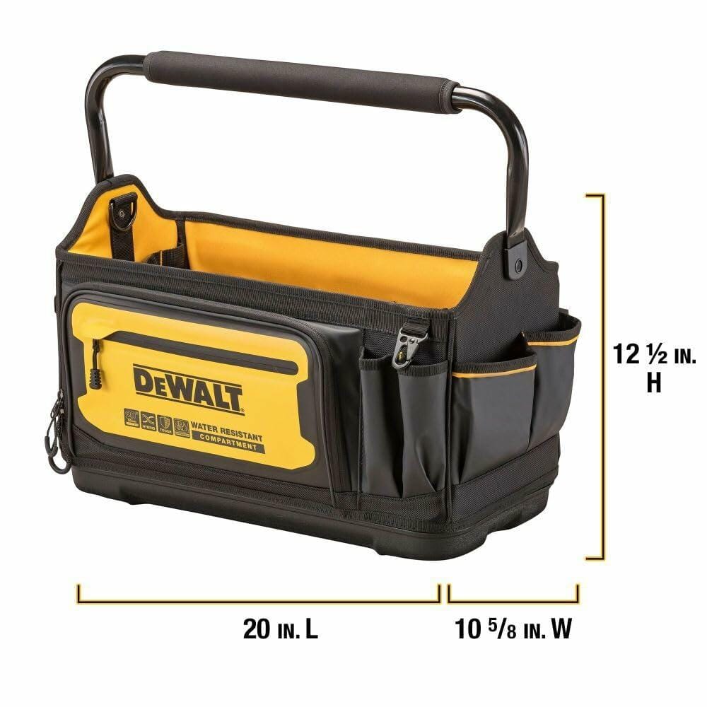 Side view of a DEWALT open-top tool tote with dimensions labeled: 20 inches long, 10-5/8 inches wide, and 12-1/2 inches high. The tote features a padded metal handle, water-resistant front compartment, and multiple exterior pockets for tool storage.