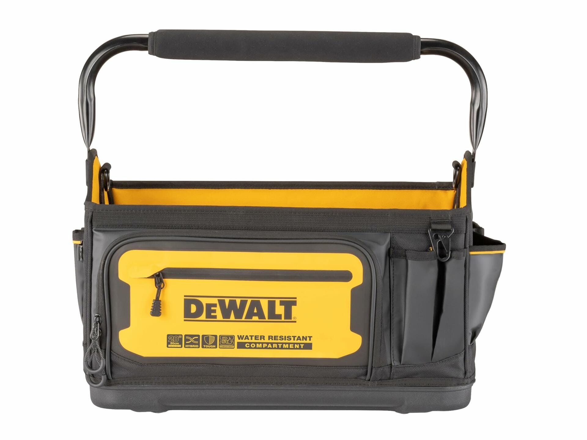 Front view of a DEWALT 20-inch open-top tool tote in black with yellow accents. The tote features a padded metal handle, multiple exterior pockets, and a zippered front compartment labeled “DEWALT WATER RESISTANT COMPARTMENT.” Icons on the front highlight key features such as water resistance and tool organization.