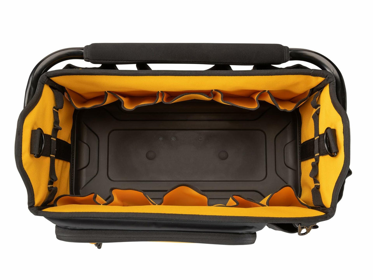 Top-down view of an empty DEWALT tool tote showing a yellow interior with multiple side pockets. The base is black and reinforced for durability, designed to support heavy tools and accessories.