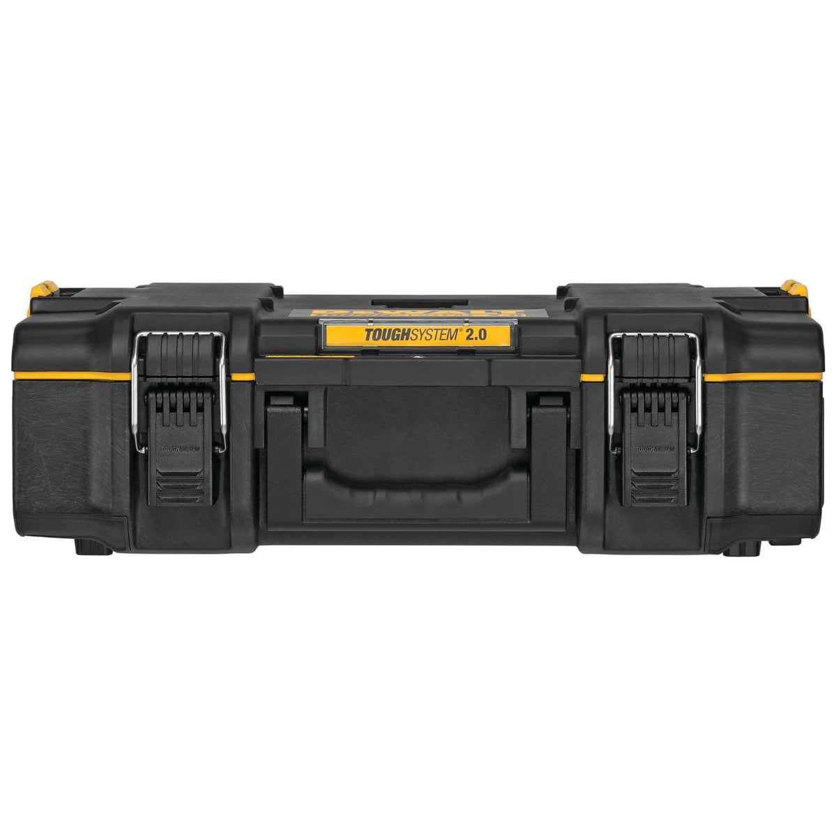 DEWALT ToughSystem 2.0 small tool box shown closed with durable black and yellow high impact plastic housing metal front latches and central carry handle for secure portable tool storage.