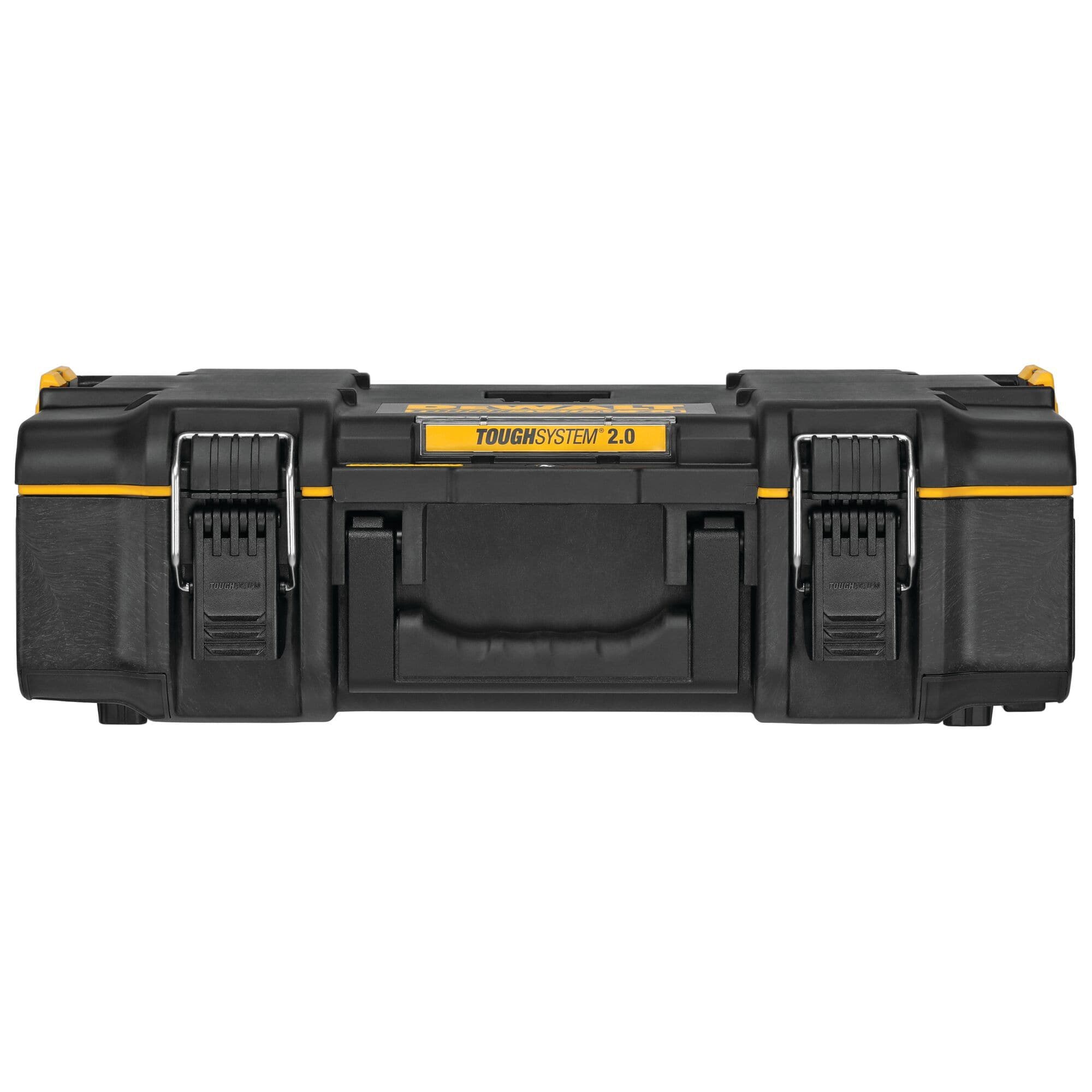 DEWALT ToughSystem 2.0 small tool box shown closed with durable black and yellow high impact plastic housing metal front latches and central carry handle for secure portable tool storage.