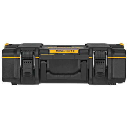 DEWALT ToughSystem 2.0 small tool box shown closed with durable black and yellow high impact plastic housing metal front latches and central carry handle for secure portable tool storage.