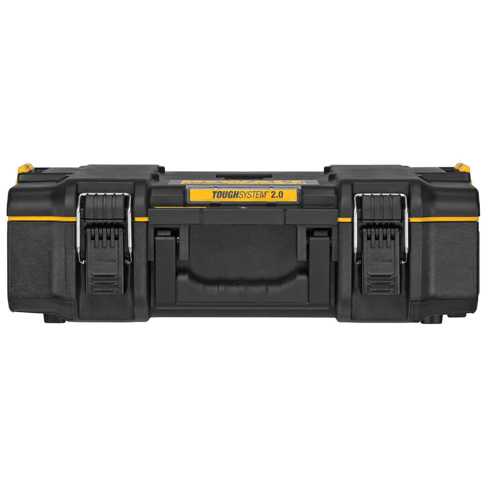 DEWALT ToughSystem 2.0 small tool box shown closed with durable black and yellow high impact plastic housing metal front latches and central carry handle for secure portable tool storage.
