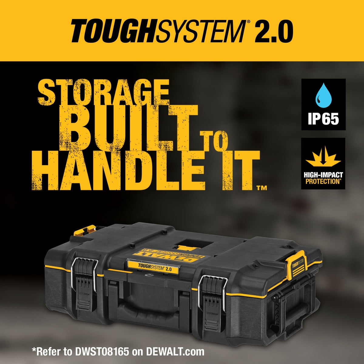 DEWALT ToughSystem 2.0 tool box promotional image highlighting IP65 rating high impact protection and rugged construction designed for demanding jobsite storage and tool security.