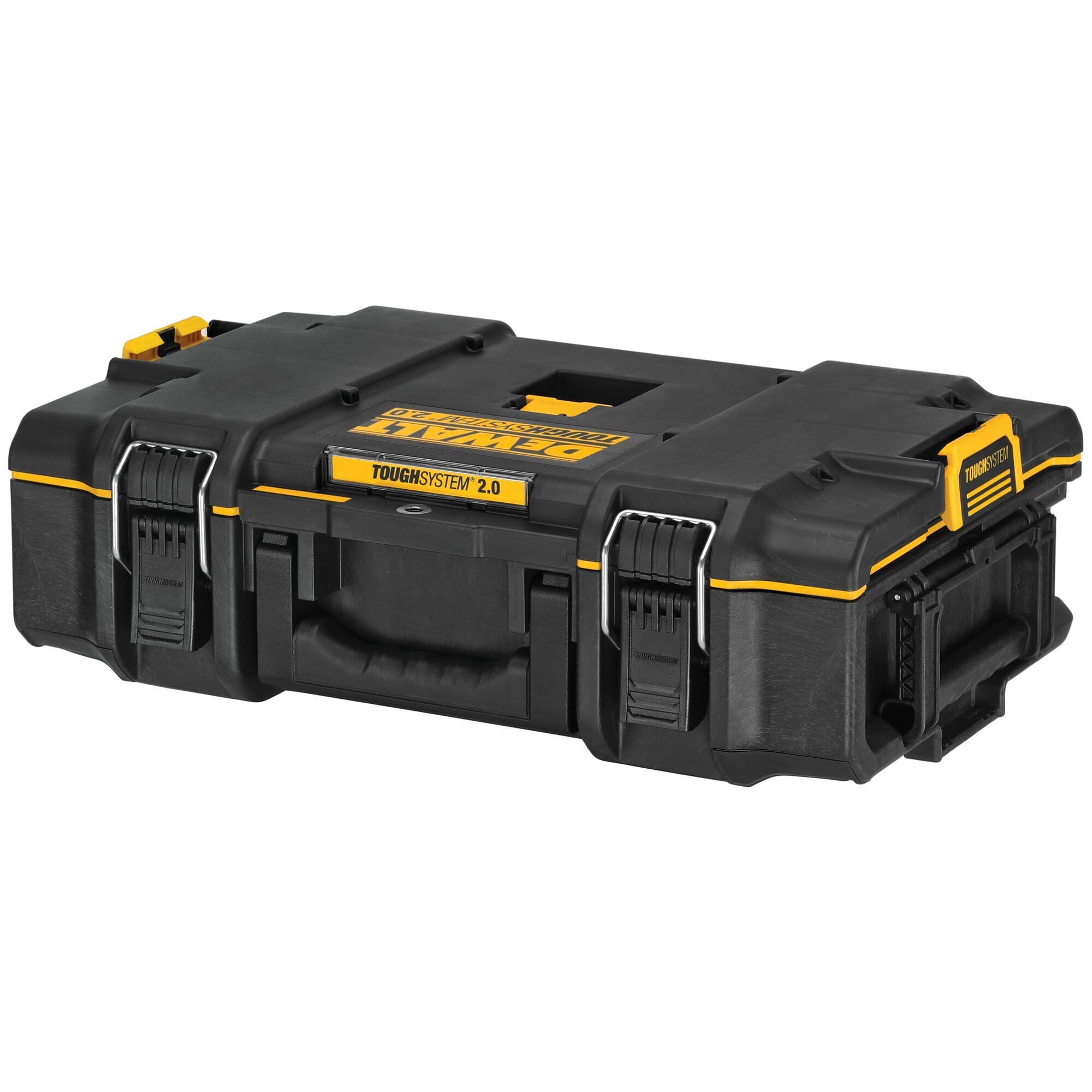 DEWALT ToughSystem 2.0 small tool box featuring reinforced corners heavy duty metal latches side handles and bold DEWALT branding designed for rugged jobsite tool protection and organization.