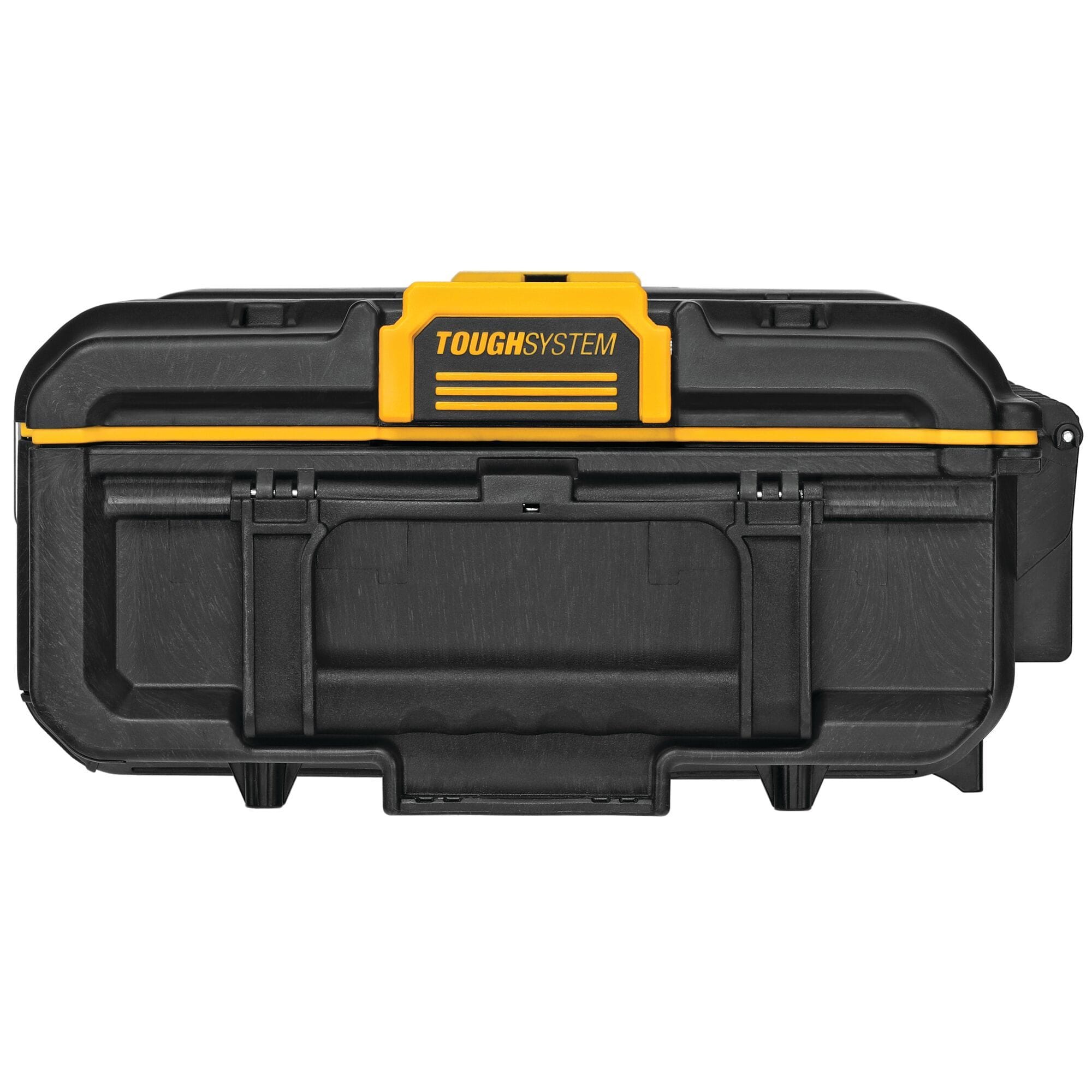 DEWALT ToughSystem 2.0 tool box top section with sturdy yellow handle area rugged black housing and ToughSystem branding built for high impact durability and secure tool transport.